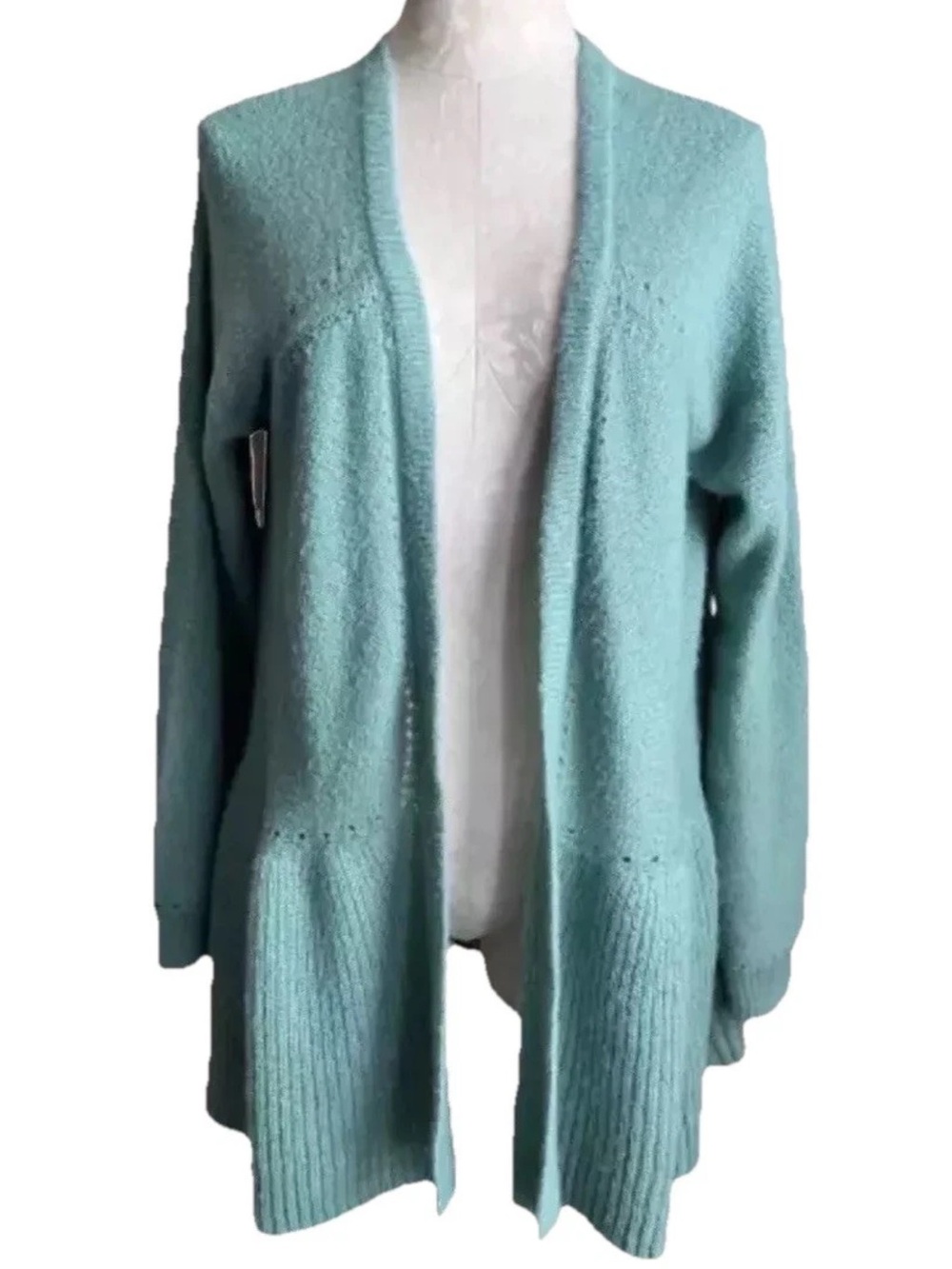 Elle Open Front Cardigan Knit Peplum Waist Sweater Seafoam Mint Teal Blue XL